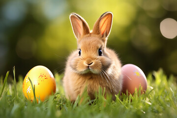 Fototapeta na wymiar Brown bunny with Easter eggs in grass