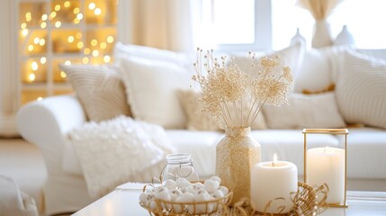  a living room filled with white furniture and a table topped with a vase filled with flowers and marshmallows next to a white couch and a lit by a window.