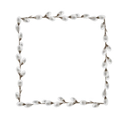 Fototapeta premium Square frame of pussy willow branches. Eco decoration. Watercolor illustration. Template for Holy Easter cards, covers, posters and invitations.