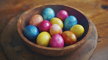 Fototapeta na wymiar a wooden bowl filled with colored eggs on top of a wooden table next to a wooden bowl of chocolate eggs on top of a wooden table top of a wooden table.