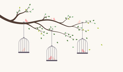 Bird in love. Bird cages on tree branch