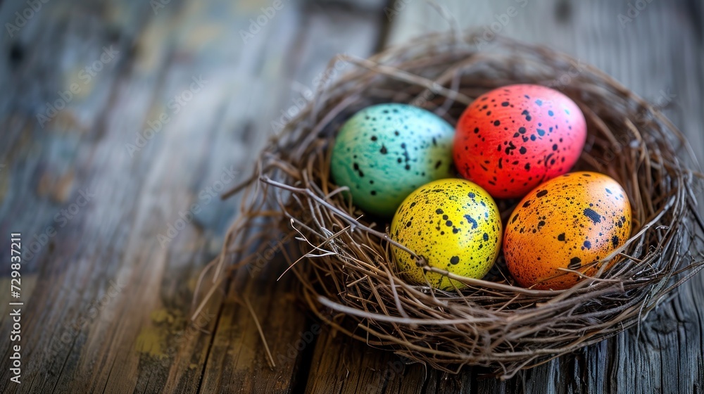 Poster  a bird's nest filled with colorful eggs on top of a wooden table with paint splattered on the eggs and the eggs are sitting in the middle of the nest.