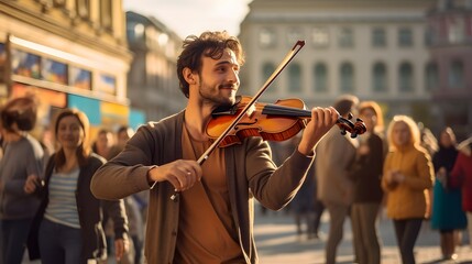 A street performer playing a violin in an urban setting, with people passing by in the background