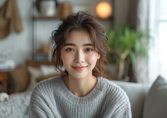 Young beauty Asian girl model with colorful sweatshirt at home