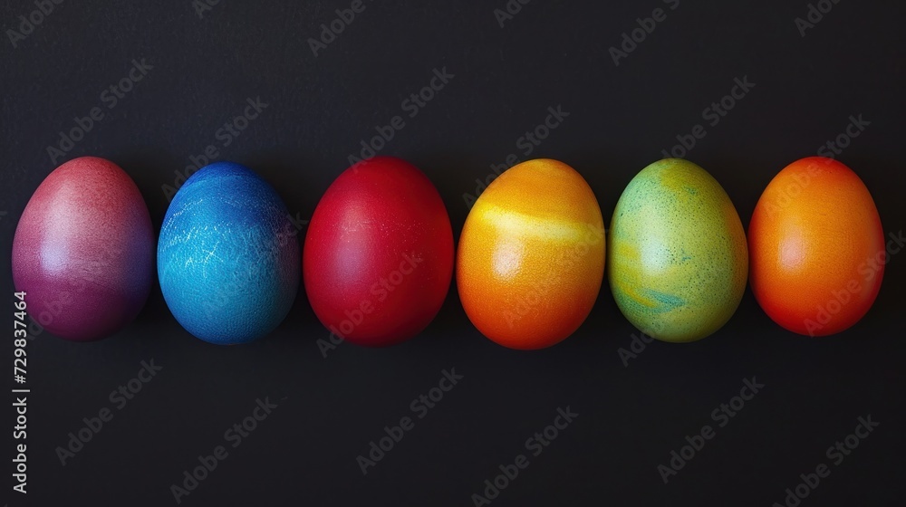 Poster a row of colored eggs sitting in a row on top of a black surface with an orange, yellow, and blue eg
