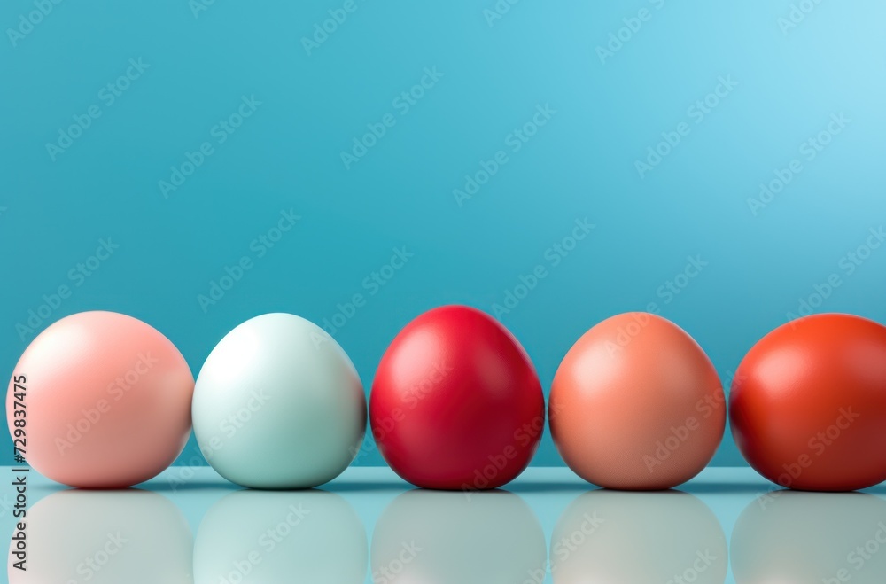 Poster a row of different colored eggs in front of a blue background with a reflection of the eggs in the m