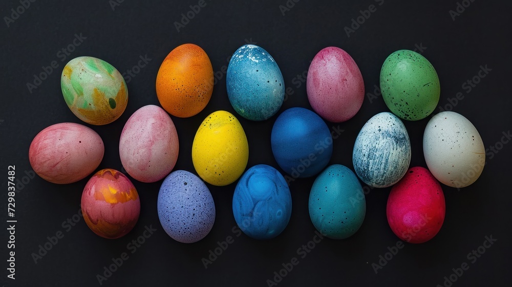 Poster  a group of different colored eggs sitting next to each other on top of a black surface with sprinkles on the eggs and the top of the eggs.