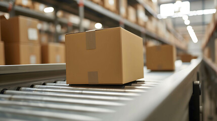 cardboard box packages or products waiting for delivery moving along a conveyor belt in a warehouse