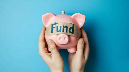 Investing in stocks and mutual funds, piggy bank with word “Fund”, return on investment concept