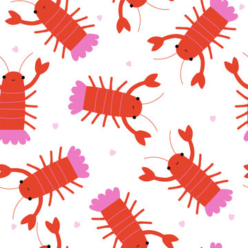 Cute seamless pattern with crayfish and hearts. Happy Valentine's Day print. Vector hand drawn illustration.