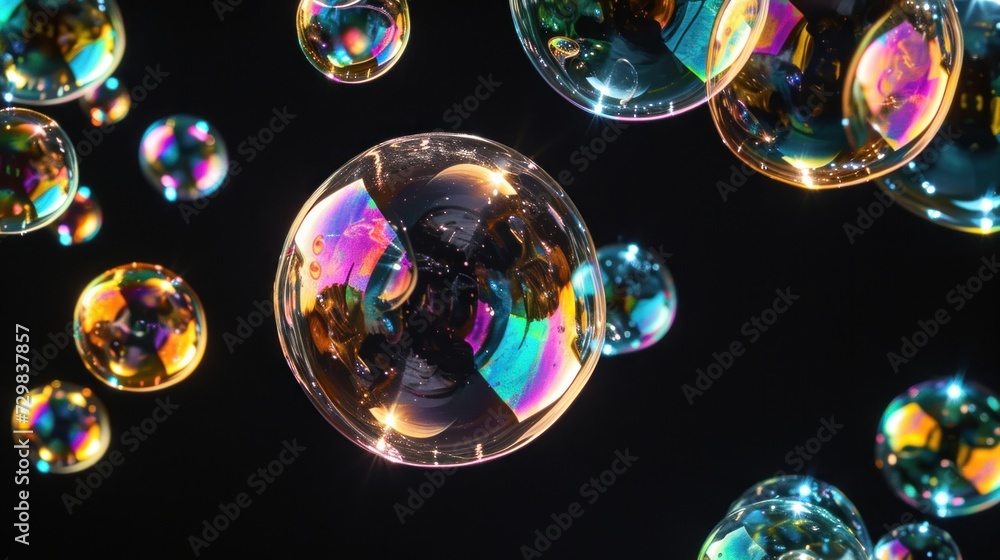 Poster a bunch of soap bubbles floating in the air on a black background with a reflection of a person in t
