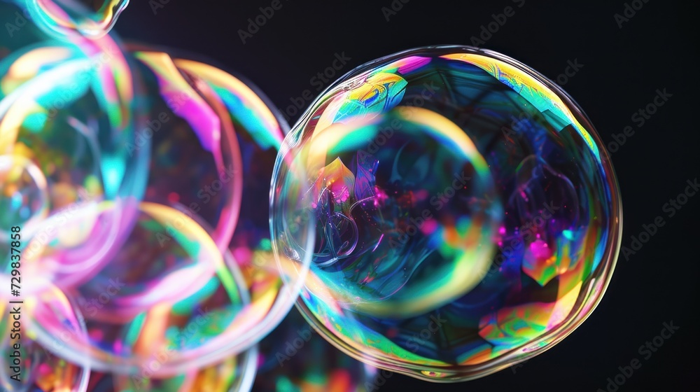Poster a group of soap bubbles floating on top of a black surface with multicolored bubbles floating on top