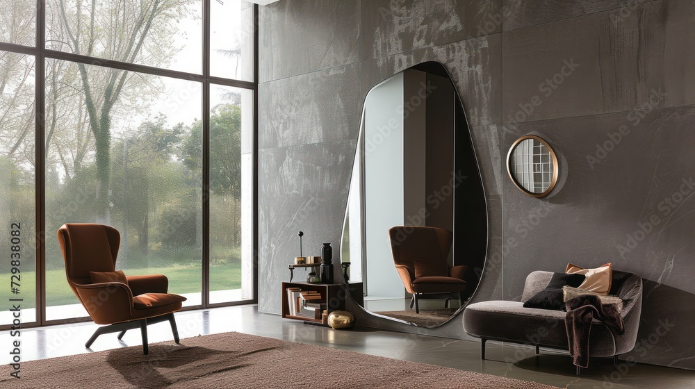 Poster a living room with a large mirror on the wall and two chairs in front of a couch and a table with a 