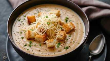  a bowl of soup with croutons, cheese, and parmesan croutons on a plate with a spoon and a napkin next to the bowl.
