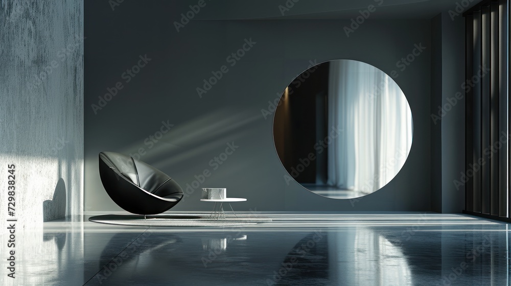Poster a chair sitting in front of a round mirror on a wall next to a table with a cup of coffee and a sauc