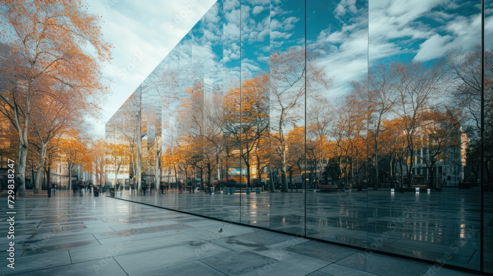 Poster the reflection of the trees in the glass wall of the building is reflecting the sky and trees in the