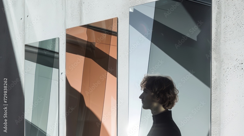 Poster a man standing in front of a window next to a wall with multiple pieces of glass on it and a shadow 