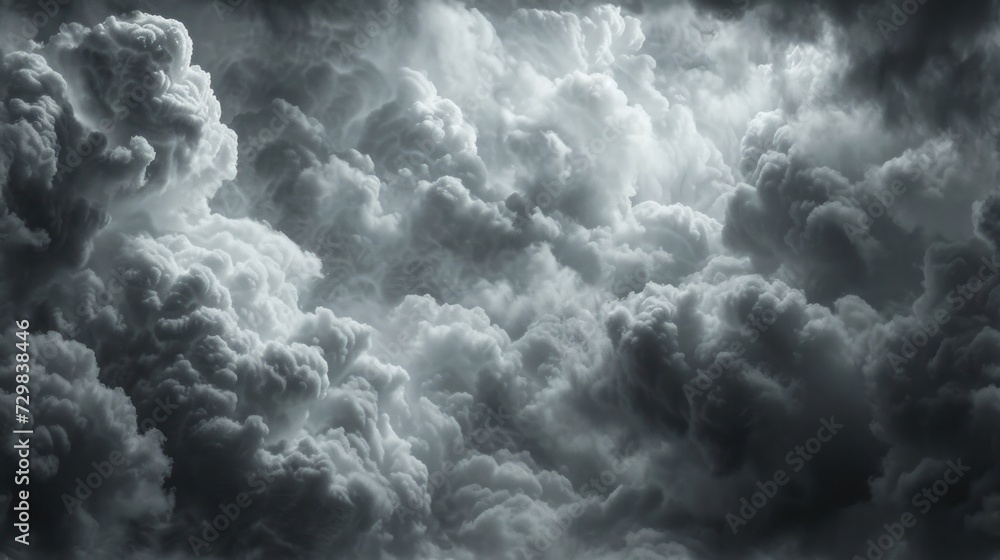 Poster a black and white photo of a bunch of clouds with a plane flying in the sky in the middle of the pic