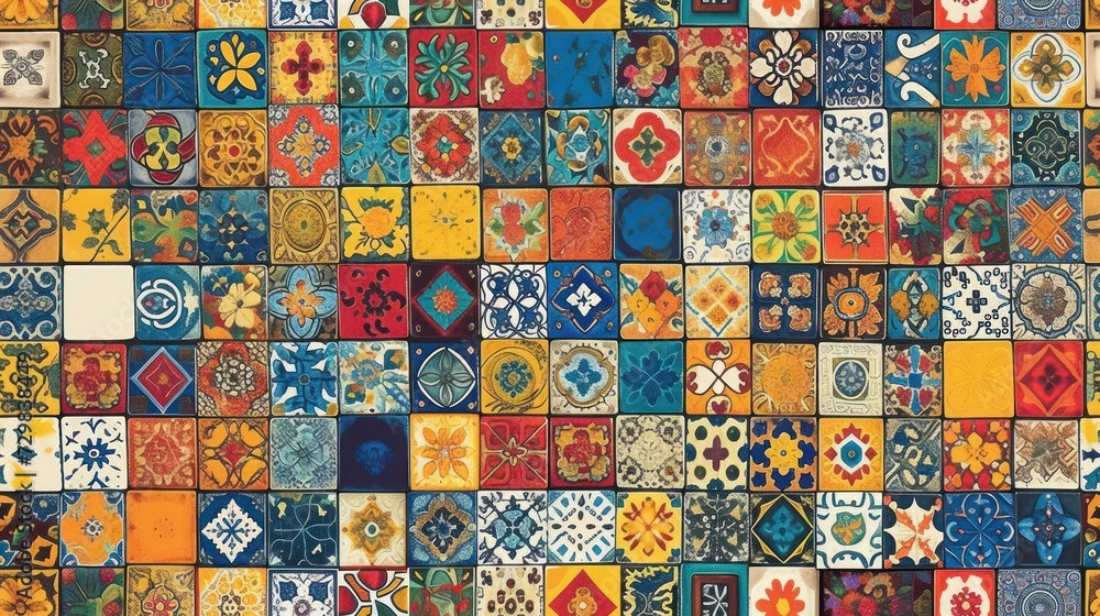 Poster a close up of a wall made up of many different colors and shapes of different shapes, sizes, and col