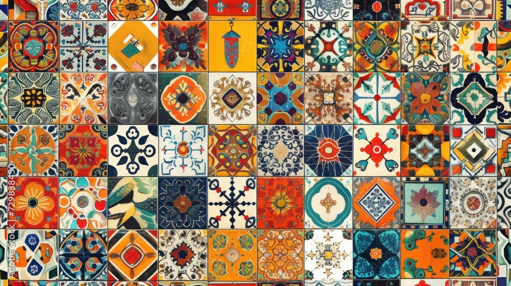 Poster a collage of colorful tiles with different designs and colors of different shapes and sizes, all of 