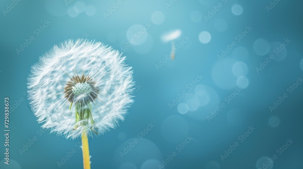 Aufkleber a dandelion is blowing in the wind on a blue and green background with a blurry image of a dandelion