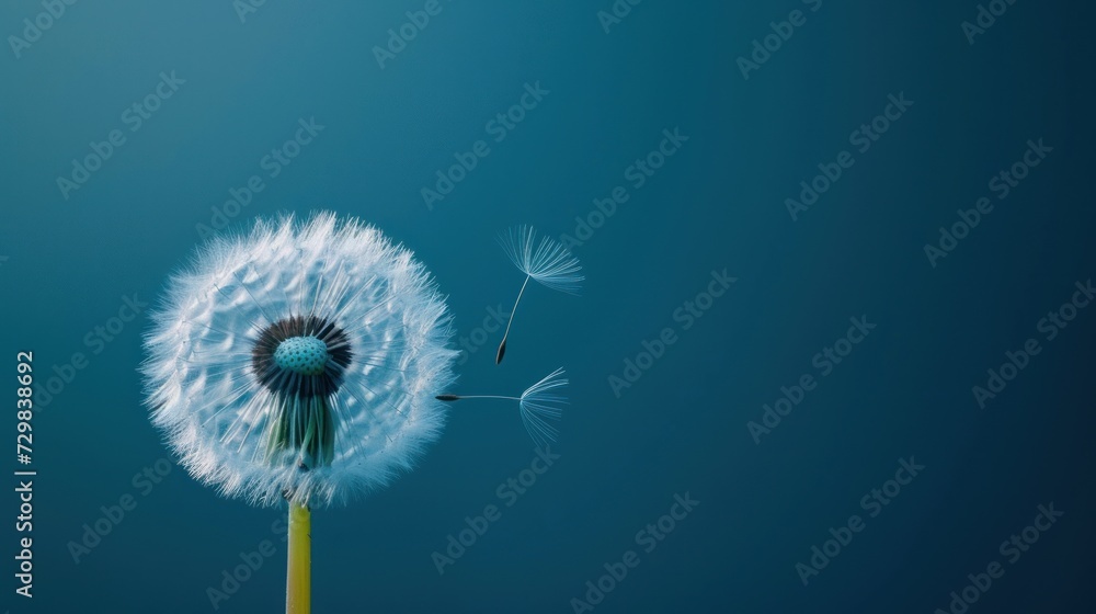 Poster a dandelion blowing in the wind on a blue background with a single dandelion in the foreground and a