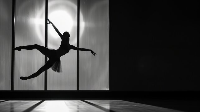 a black and white photo of a ballerina in the middle of a dance floor with the sun shining through the window behind her and a curtain behind the dancer.
