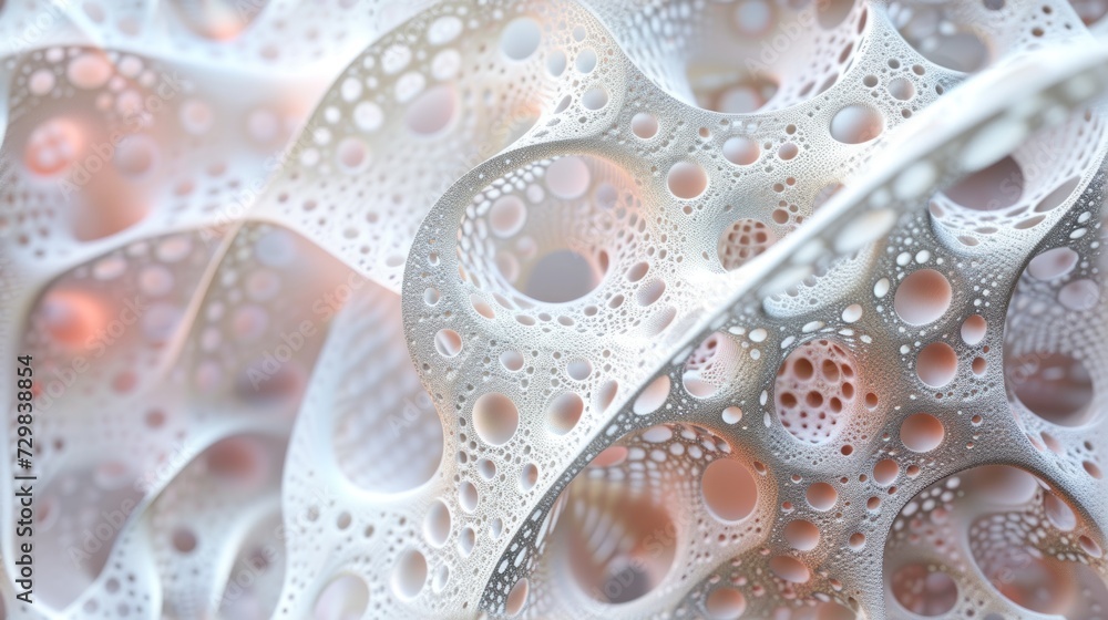 Poster a close up view of a pattern of water droplets on a surface of white and light pink, with a red dot 