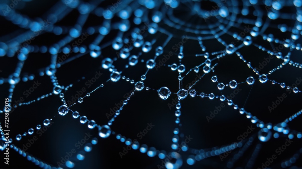 Poster a close up of a spider web with drops of water on the spider's web in the center of the spider's web