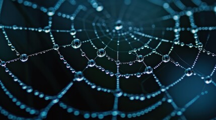 Fototapeta premium a close up of a spider web with drops of water on the spider's web in the center of the spider's web, on a black background.