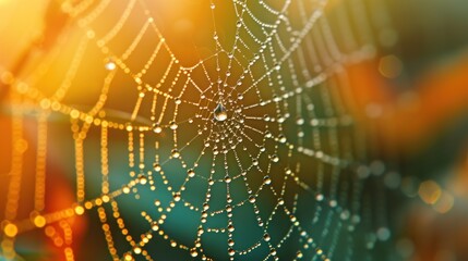  a close up of a spider web with drops of dew on the spider's web in front of a blurry background of orange and blue and yellow colors.