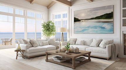Cozy and elegant living room with coastal decor, white sofa, wooden coffee table, and ocean view