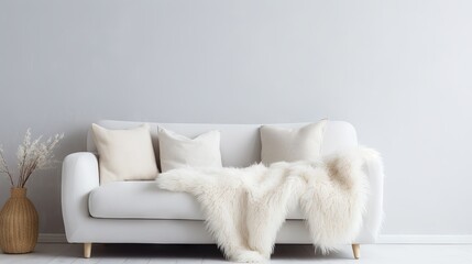 Hygge-inspired living room with cozy sofa, sheepskin throw, and pillows