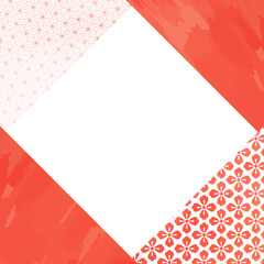 和紙、水彩風_赤とゴールドの四角の和柄パターン背景イラスト
