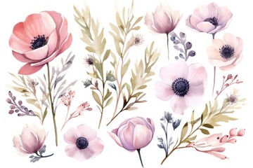 Watercolor illustration of a flower designer element set.