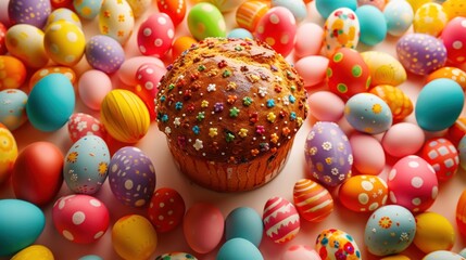 Fototapeta na wymiar a muffin with sprinkles on top of it surrounded by many colored eggs on a white surface with one muffin in the middle of the muffin.