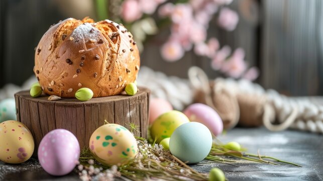  a loaf of bread sitting on top of a wooden stand next to some eggs and a bunch of pink and green flowers in a vase with pink flowers in the background.