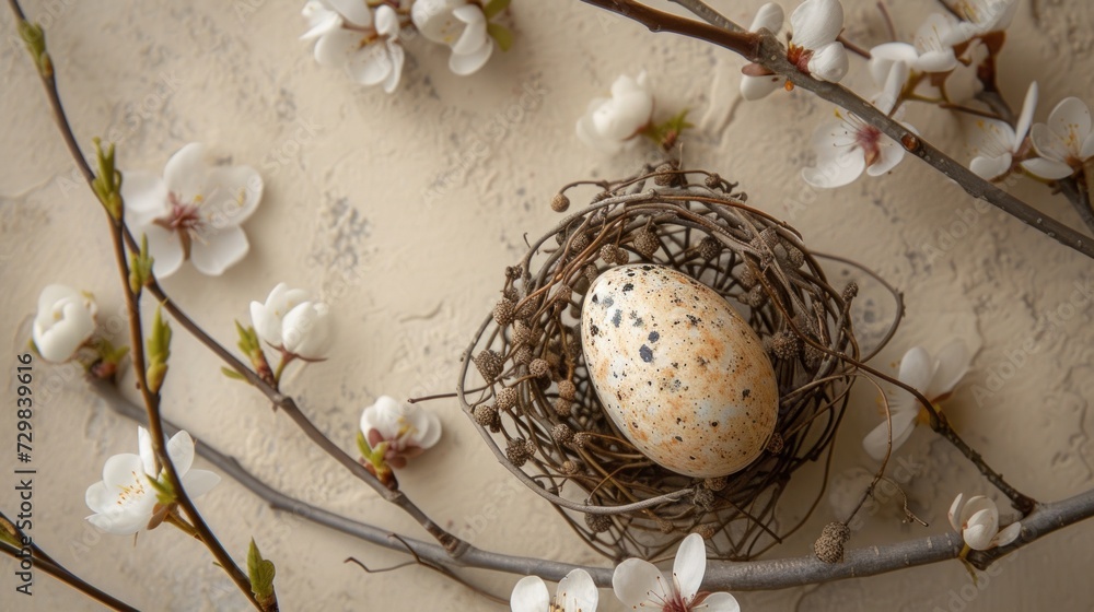Poster a bird's nest with two eggs sitting on a branch of a tree with white flowers in the foreground and a