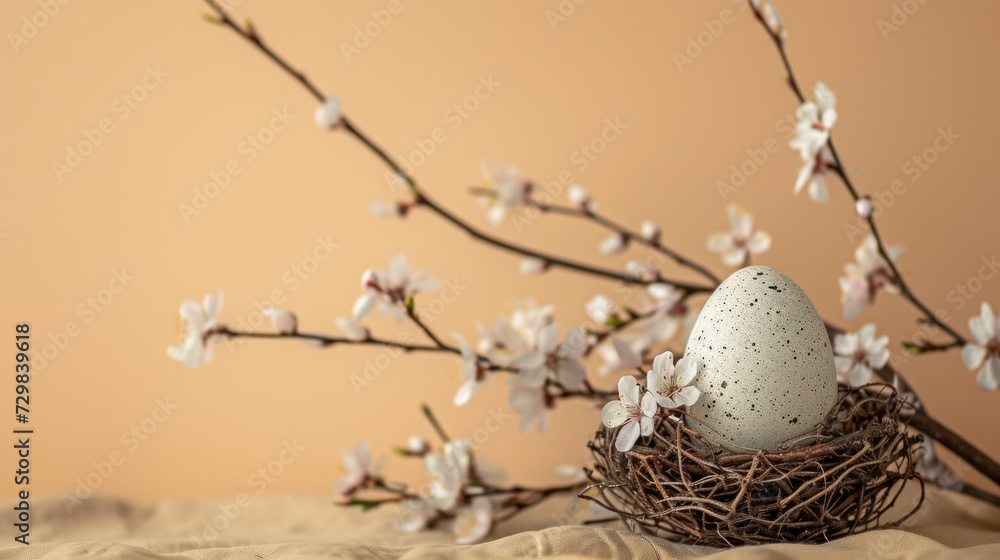 Poster a bird's nest sitting on top of a table next to a branch with white flowers and a bird's egg sitting