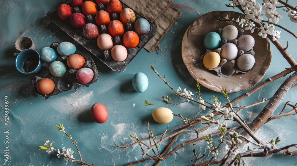Poster a bunch of eggs sitting on top of a table next to a plate of flowers and a plate of eggs on top of a