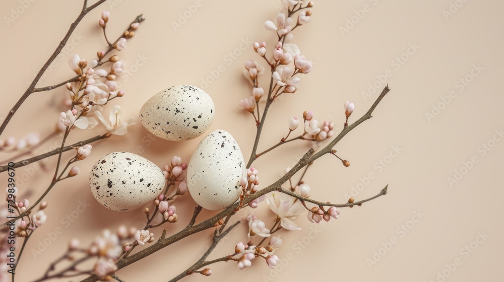 Poster three speckled eggs sitting on top of a branch of a tree with white and black speckled eggs sitting 