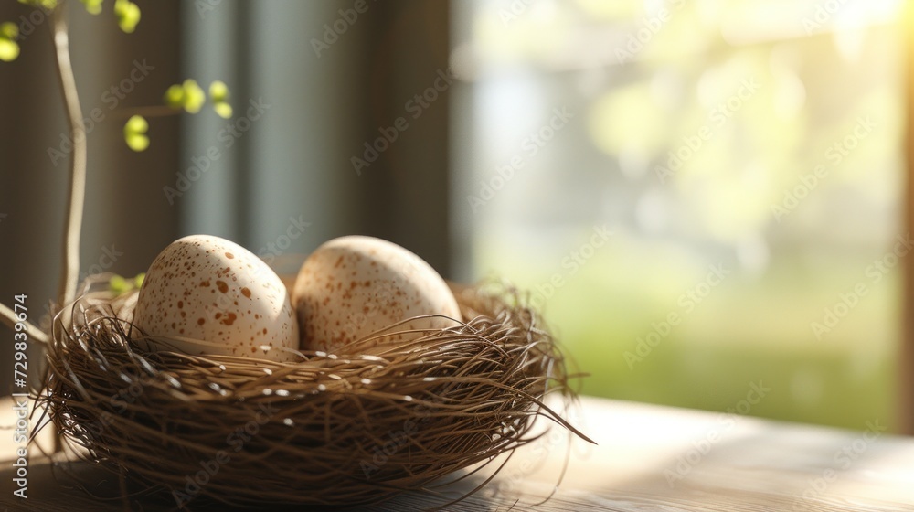 Poster  three eggs in a bird's nest on a table with sunlight streaming through the window behind them and a plant in the foreground of a blurry background.