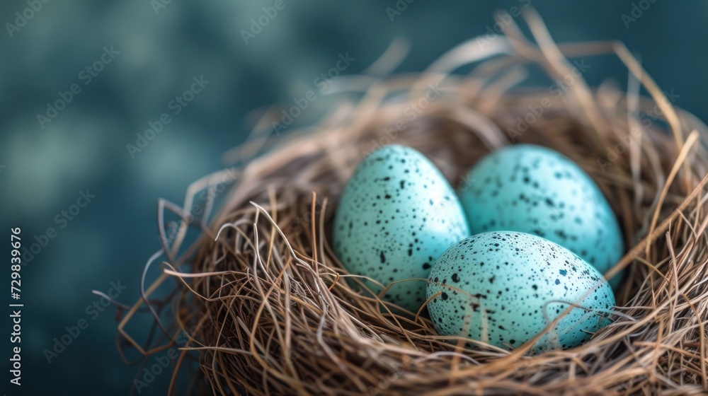 Poster three speckled eggs in a bird's nest on a blue and green background with brown straw on the bottom o