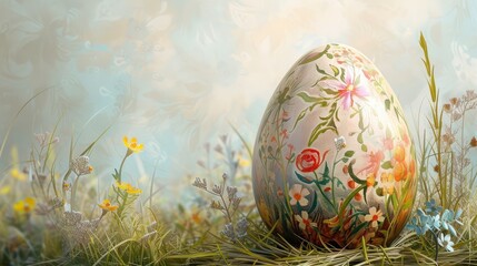  a painted egg sitting in the middle of a field of grass with daisies and wildflowers on the side of the egg, with a blue sky background.