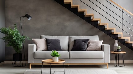 Modern living room with grey sofa and wooden staircase in Scandinavian style
