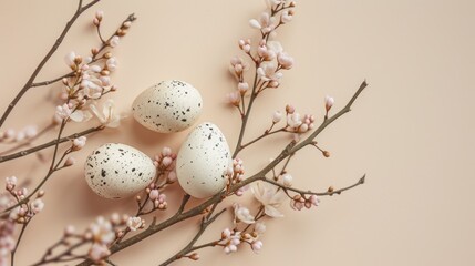 Obraz premium three speckled eggs sitting on top of a branch of a tree with white and black speckled eggs sitting on top of a branch of a branch with white speckled eggs.