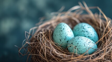 Obraz premium three speckled eggs in a bird's nest on a blue and green background with brown straw on the bottom of the nest, and the eggs in the middle of the top of the nest.