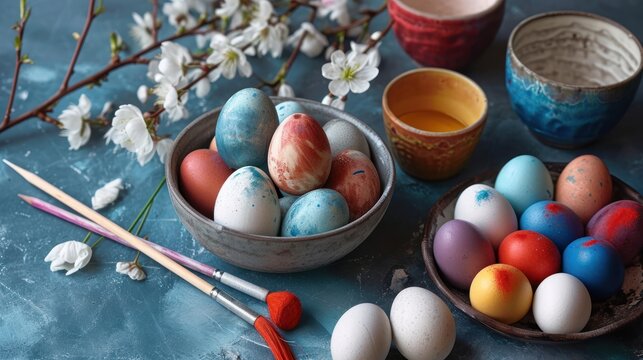 a bowl of painted eggs next to a bowl of colored eggs and a bowl of colored eggs on a blue surface with white flowers and a pair of chopsticks.