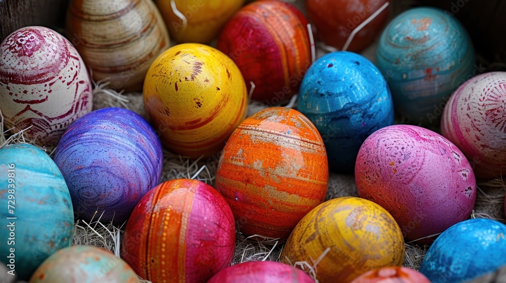 Poster a bunch of colorfully painted eggs in a cardboard box with straw on the bottom of the eggs and a str