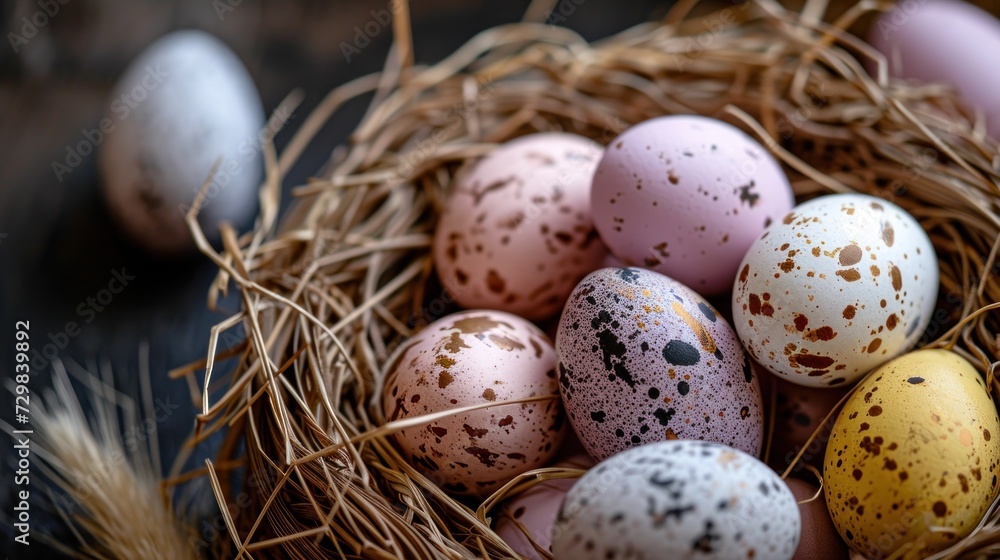 Aufkleber a close up of a nest of eggs with speckled eggs in the middle of the nest, on a black surface with b